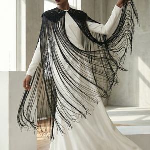 TEMU 다크 고딕 빈티지 크로셰 오픈워크 망토 케이프, 섹시한 긴 프リンジ 포함, 무도회, 무대 장식, 숄용