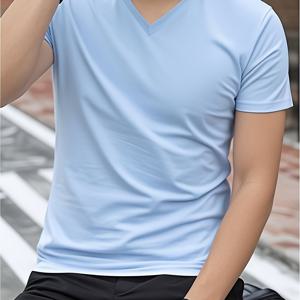 TEMU 한나라 남성용 V넥 반팔 티셔츠 - 주름 방지 및 다리미 불필요, 단색 레귤러 핏으로 비즈니스 캐주얼에 적합, 손세탁만 가능, 비침 없는 소재, 클래식 스타일의 내구성이 뛰어나고 편안한 상의