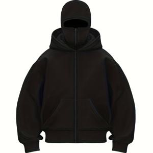 TEMU 새로운 봄/가을 남성용 지퍼 이중 레이어 마스크 후드 재킷, 가디건 지퍼 '포켓 스웨트셔츠, 250그램/제곱미터, 100% 폴리에스터 섬유 폴리에스터, 마스크 디자인, 젊은층 및 중년층 야외 스포츠에 적합, 두꺼운