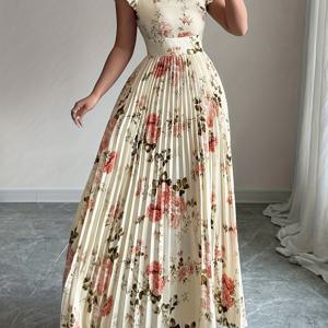 TEMU 여성용 우아한 플로럴 프린트 플리츠 밑단 롱 드레스, 여름