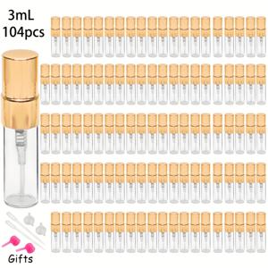 TEMU 104개 대량 팩, 골드/실버/블랙 알루미늄 스프레이 병, 2ml/3ml/5ml/10ml, 유리 향수 분주 병, 휴대용, 여행 필수품, 메이크업 수분 스프레이 병, 포함: 분주 도구