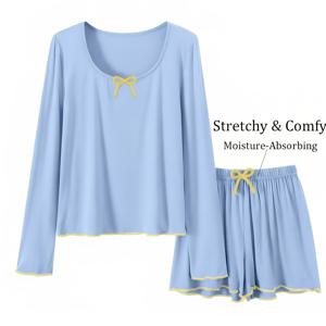 TEMU 여성용 레이온 모달 캐주얼 리본 장식 긴팔 반바지 파자마 세트, 편안한 소재