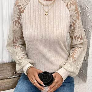 TEMU 골지 인터로킹 레ース 라운드 넥 래글런 소매 긴팔 상의