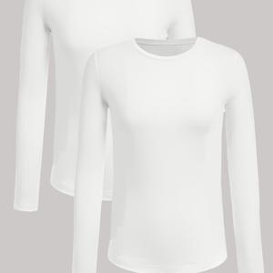 TEMU 2팩 여성 탑, 라운드넥 긴팔 티셔츠 - 블랙 & 화이트 콤보, 부드럽고 신축성 있는 원단, 가을 캐주얼 웨어 & 바캉스룩에 완벽, 겨울 레이어링 필수템