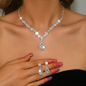 TEMU 2개 세트 고급 라인스톤 눈물방울 펜던트 목걸이 및 귀걸이 | 실버 도금, 구리 베이스, 파티, 결혼식, 연회에 이상적 | WLOERINS 브랜드