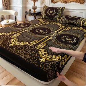 TEMU 3pcs 침대 시트 세트 (1개 침대 커버 + 2개 베갯잇), 블랙 앤 골드 색상에 우아한 왕관 패턴, 유럽 궁정 스타일 디자인. 미끄럼 방지 기능이 있는 풀 랩 디자인으로 학생 아파트에 적합합니다.