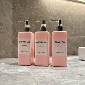 TEMU 500ml/16oz 핑크 스퀘어 로션 디스펜싱 병 3개 세트, 실버 프레스 펌프 포함, 샴푸, 샤워젤, 컨디셔너용 빈 용기, 리필 가능한 PET 병, 에센셜 오일, 바디 로션, 핸드 크림용, 방수 라벨 스티커 포함
