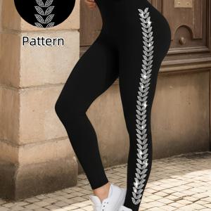 TEMU 여성용 사이드 나뭇잎 라인스톤 스파클리 고탄력 레깅스, 피부 친화적인 패셔너블 사계절 슬림핏 타이츠, 데일리 캐주얼 외출용 파티웨어