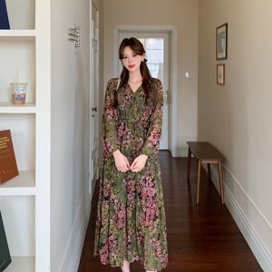 TEMU 새로운 V넥 무릎길이 시폰 맥시 드레스, 드로스트링 허리와 플로럴 프린트, 다용도 롱핏