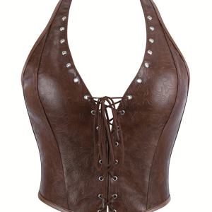 TEMU 코르셋 탑 홀터넥 여성용 캐미솔 탱크탑, 앞면 리본 크로스오버 아일렛 후크 디자인, 딥 브이넥 로우본 버스트 아우터웨어, 코믹 공연용 바디스, 무대 파티용, 오픈백 탑