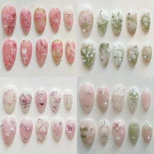 TEMU 96개 중형 아몬드 3D 스테레오 프레스온 네일, 꽃, 리본, 하트 등 다양한 요소로 구성된 인조네일 세트, 패셔너블한 탈착식 네일, 여성 휴일 파티 및 일상 네일 장식에 적합