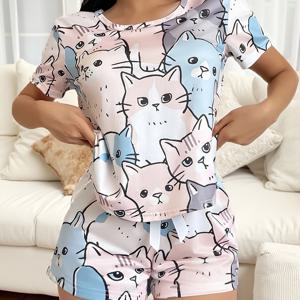 TEMU INS 귀여운 고양이 프린트 가족 서로 어울리는 잠옷 세트 여성용, 사랑스러운 파자마 세트