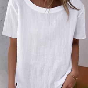 TEMU 솔리드 컬러 SZ 봄/여름 캐주얼 루즈핏 여성용 라운드넥 반팔 탑