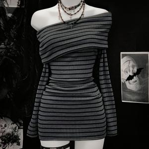 TEMU 여성용 겨울 미니 드레스, 패셔너블한 블랙 앤 그레이 긴팔 원피스, 할로윈을 위한 캐주얼 오프숄더 섹시한 핫한 의상, 어두운 색상의 여성스러운 스타일, 가을 의류, 비대칭 숄더 숏 드레스, 니치 의류 ZLLZ