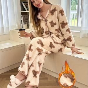 TEMU H826 긴팔 가디건 파자마 세트 & 프린트 팬츠 가을 겨울 의류