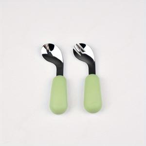 TEMU 어린이 베이비 푸드 포크&스푼 세트 - 식품용 실리콘 핸들&316 스테인리스 스틸 엘보우 스푼/포크, 0~6세 유아 자가 식사용 휴대용 식기, 크리스마스 할로윈 추수감사절 선물