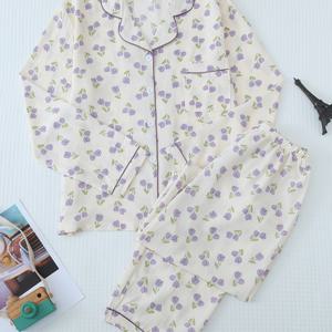 TEMU 여성용 가을/겨울 잠옷 세트 (보라색 플로럴 프린트 긴팔 버튼업 상의와 긴 바지 포함), 홈웨어에 적합