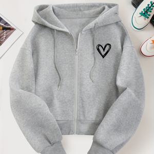 TEMU D139 - 여성용 숏 후드 스웨트셔츠, 트렌디한 크리에이티브 라인 하트 그래픽 가슴 프린트, 아름답고 패셔너블한 루즈핏 가을 겨울 신상 다용도 캐주얼 숏 드로스트링 후드 더블 레이어 후드 지퍼업 스웨트셔츠, 여성용 QHH4845