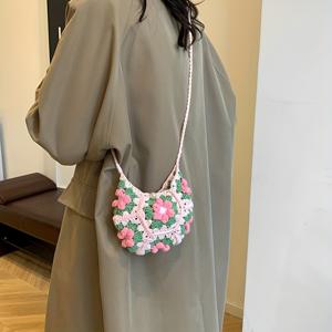 TEMU 1개, 할머니 스타일 벚꽃 핸드백 직조 크로셰 선물 숄더백 크로스바디 백 완제품