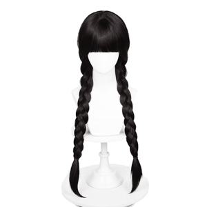 TEMU 소녀용 긴 검은색 땋은 가발 앞머리 코스튬 가발
