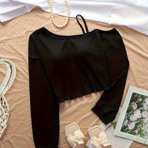 TEMU 캐주얼 비대칭 오프숄더 밑단 긴소매 크롭 티셔츠