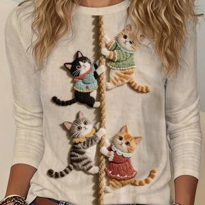 TEMU [프린팅 디자인 – 질감 없음] 귀엽고 스타일리시한 고양이 등반용 로프 프린트 여성용 긴팔 티셔츠, 데일리 캐주얼 활용도 높은 상의, 100% 폴리에스터 섬유 | 기계 세탁 가능