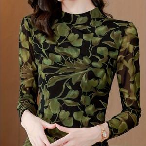 TEMU ZH42152 봄/가을 하프 터틀넥 프린트 긴팔 슬림핏 베이스 레이어 상의