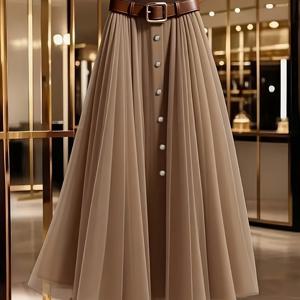 TEMU 여성용 봄/가을 우아한 솔리드 컬러 메쉬 패치워크 싱글버튼 장식 캐주얼 출근용 하이웨이스트 플리츠 스커트, 벨트 미포함