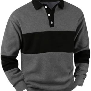 TEMU 신상 봄/가을 남성 버튼칼라 컬러블록 긴팔 스웨트셔츠, 대조 컬러 디자인, 커플룩, 가을/겨울, 친구와 가족을 위한 이상적인 선물