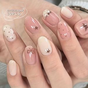 TEMU 여성을 위한 컬러 블록 광택 별, 도트, 리본 프린트가 있는 숏 프레스온 아몬드 인조 손톱 30개, 데일리웨어, 파티, 데이트, 축제 행사를 위한 스위트 스타일, 젤리 접착제와 네일 파일과 함께 재사용 가능
