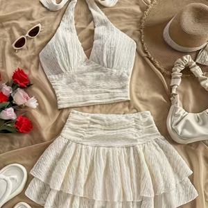 TEMU 화이트 홀터넥 러플 케이크 스커트 수영복, 투피스 세트, 해변 휴가용, 실루엣 강조, 달콤한 스타일