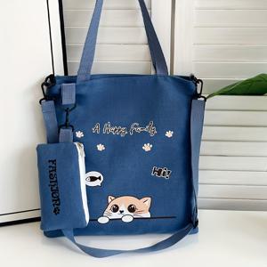 TEMU 여성 가방 세트, 패션 캔버스 백, 여성 숄더백 스트랩 필통 소지갑 조합 핸드백, 고양이 프린트 바디백