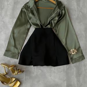 TEMU 사계절에 적합한 바지 세트, 새틴 라펠 긴팔 셔츠 & 하이웨이스트 슬림핏 반바지, Y2K 스타일, 캐주얼하고 우아함, 외출, 통근, 집, 휴가, 데이트에 적합, 간편하고 활용도 높은 여성 의류