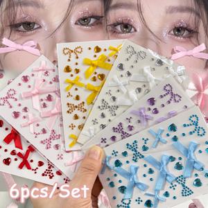 TEMU 보석 스티커, 귀여운 리본 보우, 반짝이는 공예품, 자가 접착 하트, 라인스톤 바디 아트, 파티 장식을 위한 3D 얼굴 주얼리 6개 세트