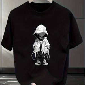 TEMU 남성용 2025 신상 여름 티셔츠 - 애니메이션 스타일 2D 디지털 프린트 블랙 반팔 상의, 화이트 캐릭터 패턴 라운드넥 디자인, 통기성 좋고 편안한 일본 스트리트 스타일, 세탁기 사용 가능 캐주얼 아웃도어 웨어