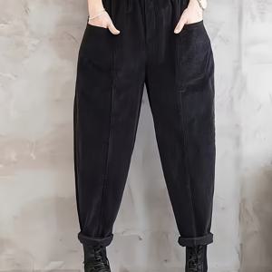 TEMU 플러스 사이즈 - 플러스 사이즈 - 여성용 우아한 와이드 레그 코듀로이 하렘 팬츠 - 포켓이 있는 테이퍼드 디자인, 연중 캐주얼 및 포멀한 모든 행사에 적합