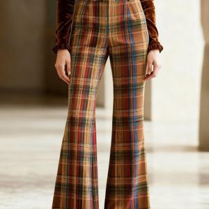 TEMU 빈티지 체크 패턴 히피 스타일 플레어 팬츠 브라운 코듀로이 하이웨이스트 와이드 레그 팬츠 (벨트 없음)