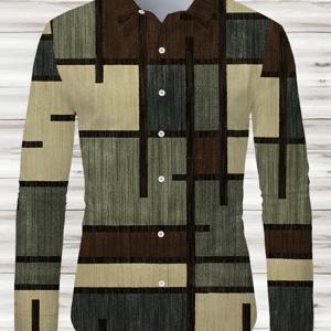TEMU 빈티지 기하학 패치워크 디자인의 남성용 긴팔 셔츠, 스타일리시 컬러 블록 체크 무늬 캐주얼 커뮤팅 다용도 상의