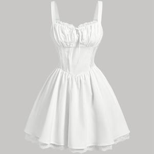 TEMU 여성용 화이트 A라인 드레스 - 레이스 트림 & 스트랩 디자인, 민소매 서스펜더 드레스 - 웨딩, 파티, 봄 여름 스타일링에 적합한 우아한 세탁기 사용 가능 여성 드레스