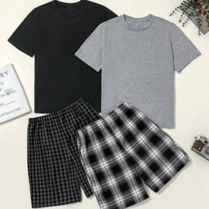TEMU 소년용 청소년 파자마 4pcs - 체크무늬 티셔츠 & 매칭 반바지 잠옷, 부드러운 라운드넥 여름 잠옷, 청소년 소년용 봄/여름 잠옷, 청소년용