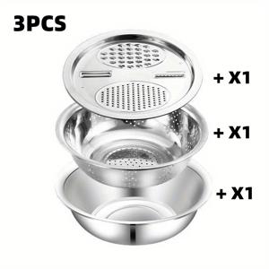 TEMU 3pcs/스테인리스 스틸 주방 세트 다기능 주방용품 야외 주방 소형 도구 그라인더/다기능 필터/믹싱 볼 - 과일, 채소, 치즈 세척 및 슬라이스에 적합 |, 일상적인 니즈를 완벽하게 충족