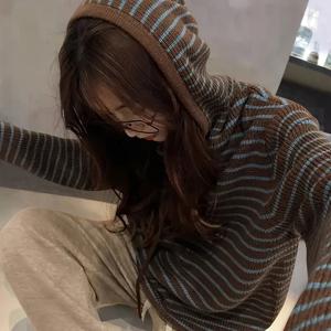 TEMU 여성 미니멀 가로 레이어드 가능한 니트 후드 코트 - 사계절 캐주얼 중간 신축성 한국계 ins룩 소프트원단 가로 (가로 ) 손세탁/드라이크리닝