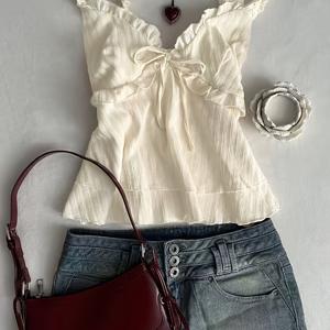 TEMU 봄/여름 신상 우아한 레이스 케이크 헴 타이넥트 매듭 캐주얼 빈티지 여성 베스트 탑