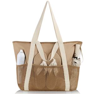 TEMU 여성용 대용량 비치 백 접이식 토트백, 지퍼 메쉬 포켓 포함, 수영장 수영 여행 휴가 필수품, 데일리용