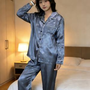 TEMU 여성용 심플하고 캐주얼한 긴팔 상의와 바지 파자마, 라펠 가디건 포함, 봄, 여름, 가을 착용에 적합