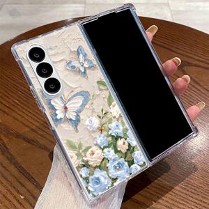 TEMU 휴대폰 케이스 - 5972 블루 로즈 골드 엣지 나비 투명 케이스, 삼성 Z 폴드 폰에 적합, 삼성 갤럭시 Z 폴드 7, Z 폴드 6, Z 폴드 5, Z 폴드 4, Z 폴드 3 5G와 호환됩니다. 사각형 낙하 방지 기능이 있습니다.