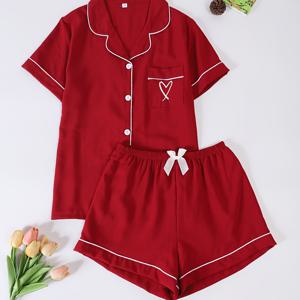 TEMU 여성용 스타일리시 캐주얼 버건디 하트 포켓 자수 이지 반팔 반바지 잠옷 세트