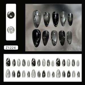 TEMU 3D 고양이 눈 블랙 광택 아몬드 모양 인조 손톱, 불규칙한 은색 별 스파클, 탈부착 가능, 기계 제작, 중간 길이, 인스 스타일, 피부 친화적인 ABS, 여성용, 패션 네일 폼