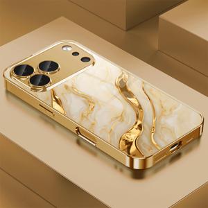 TEMU 폰 케이스: 골든 마블 웨이브 디자인 패턴 전기도금 유리 폰 케이스, 아이폰 17/17 프로 맥스/17 에어/16 프로 맥스/15/14 플러스/13 프로/12/11 프로 맥스 호환, 풀 커버리지, 패셔너블하고 고급스러운 고급 외관 보호 케이스