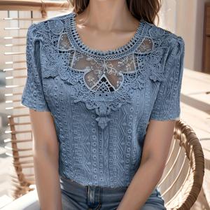 TEMU 여성 솔리드 컬러 레이스 숏 퍼프 슬리브 블라우스, 라운드넥 캐주얼 반팔 상의, 여름/가을 여성 의류